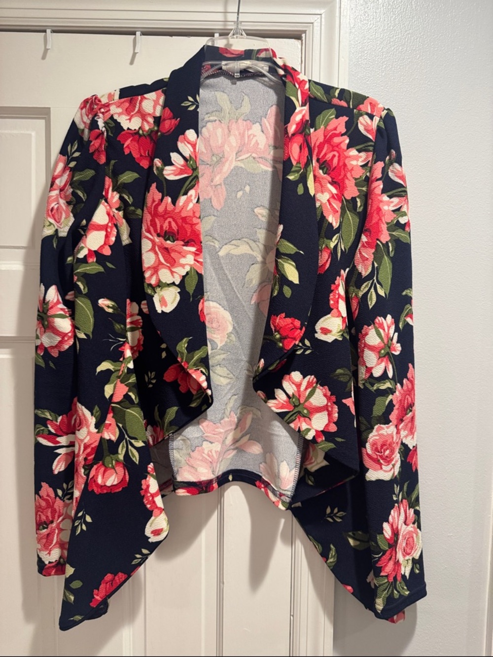 Doublju Floral Navy Open-Front Blazer Jacket with Pink Red Roses
